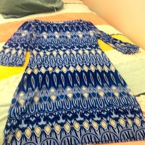 Donna Morgan Cobalt Blue and White Print with 3/4 Sleeve Stretch Sheath Shift